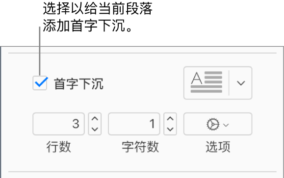 “首字下沉”复选框处于选中状态，其右侧显示了一个弹出式菜单；其下方显示了用于设置行高、字符数和其他选项的控制。