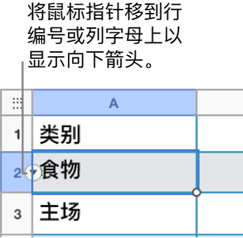 表格中的一个行编号处于选中状态，可以看到其右侧的向下箭头。