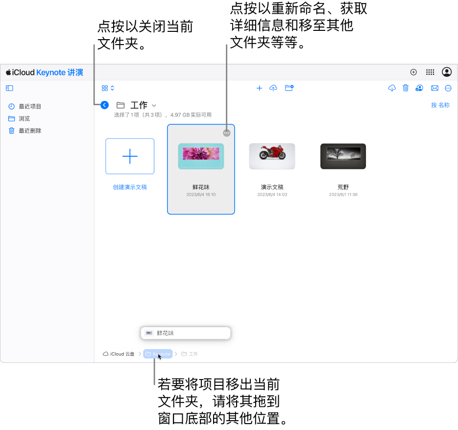 处于浏览视图的文稿管理器，其中演示文稿被拖到窗口底部的新位置（“Keynote”文件夹）。在工具栏下方，“返回”按钮显示在当前文件夹名称（工作）的左侧。