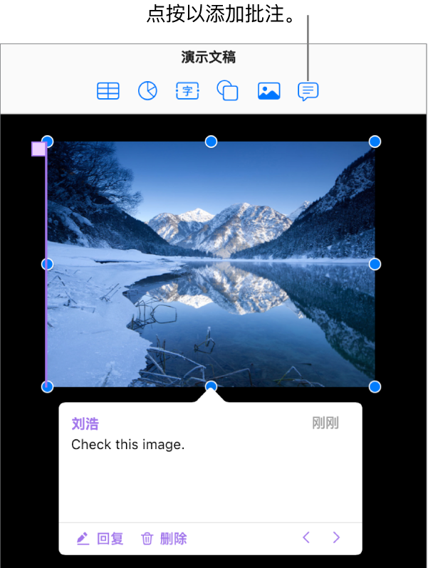 添加到演示文稿中的图形的批注。