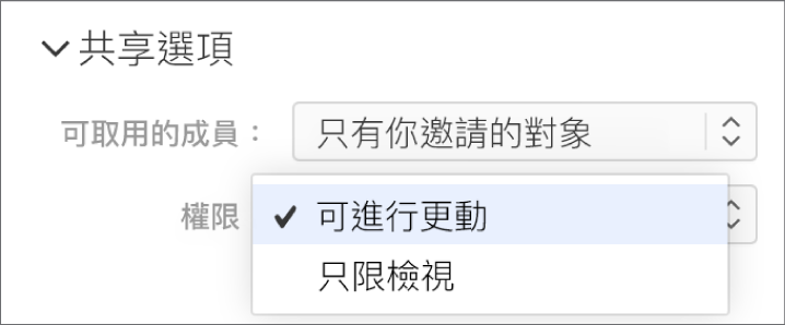 在「共享選項」下方的「權限」彈出式選單已打開，顯示允許人員對簡報進行更動或只能檢視的選項。