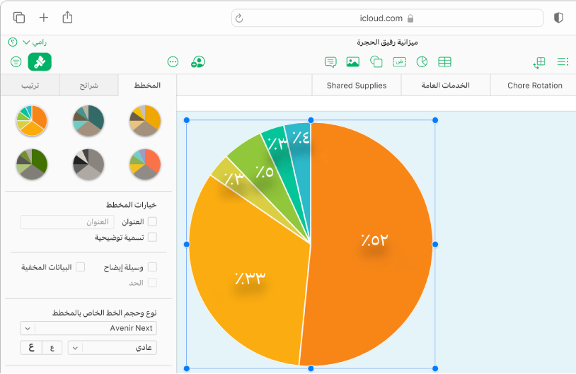 مخطط دائري يتضمن نسب مئوية في كل قسم محدد؛ علامة التبويب "مخطط" في الشريط الجانبي "التنسيق" مفتوحة وتعرض خيارات لتغيير النمط وخط النص والمزيد.