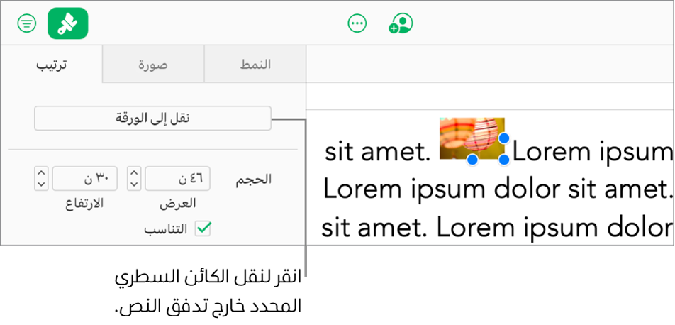 تُحدَّد صورة مضمّنة داخل مربع نص، ويظهر الزر "نقل إلى الورقة" في علامة التبويب "ترتيب" في الشريط الجانبي