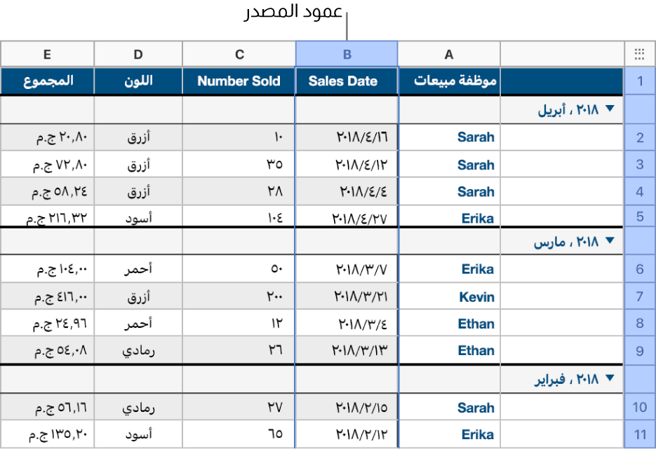 جدول يحتوي على بيانات مبيعات الأقمصة المصنفة حسب تاريخ البيع؛ تُجمَع صفوف البيانات حسب الشهر والسنة (القيم المشتركة في عمود المصدر).