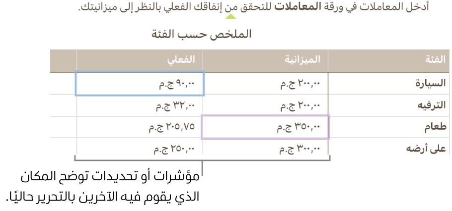 المؤشرات وتحديدات خلية الجدول التي تتميز بألوان مختلفة توضِح الأماكن التي يحرر فيها الأشخاص الآخرون جدول بيانات مشتركًا.