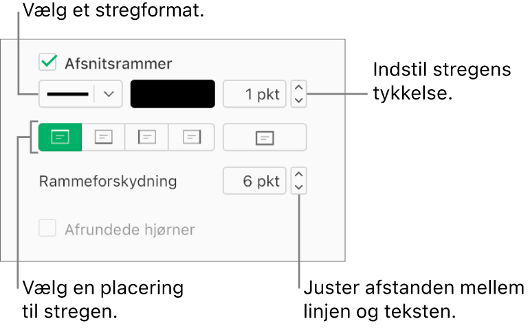 Afkrydsningsfeltet Afsnitsrammer er valgt på fanen Layout i indholdsoversigten Format, og betjeningsmulighederne til ændring af stregformat, farve, tykkelse, position og forskydning i forhold til teksten vises under afkrydsningsfeltet.