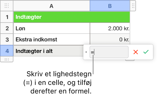 Formelværktøjet åbnes med = og uden nogen formel skrevet.