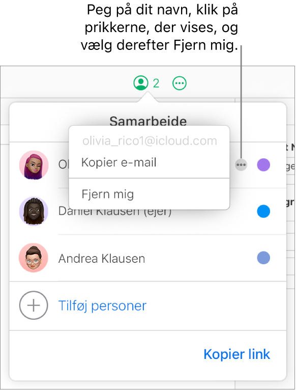 Menuen Samarbejde er åben med knappen Mere til højre for den første deltager, der klikkes på, og muligheden Fjern mig.