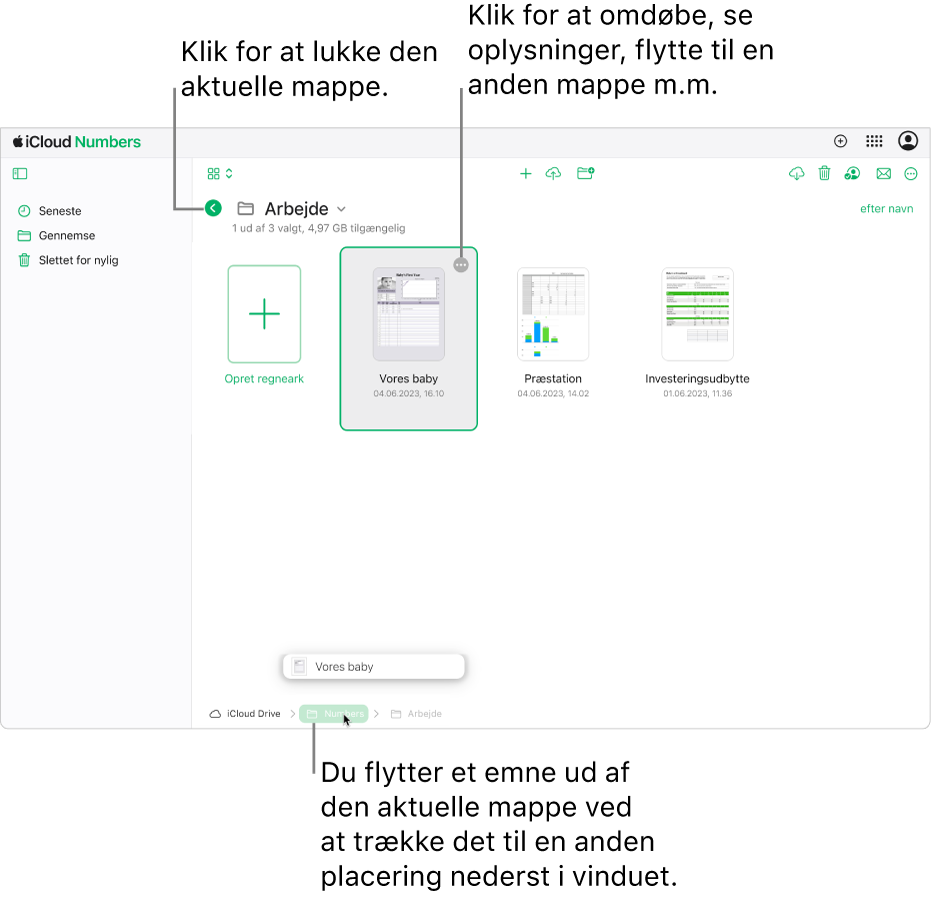 Dokumentadministrationen i oversigten til gennemsyn, hvor et regneark trækkes fra den aktuelle mappe til en ny placering (mappen Numbers) i bunden af vinduet. Under værktøjslinjen vises knappen Tilbage til venstre for det aktuelle mappenavn (Arbejde).