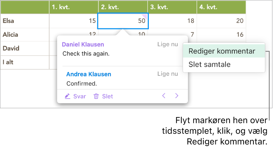 En kommentar er åben, markøren er over tidsstemplet øverst, og der vises to punkter på lokalmenuen: Rediger kommentar og Slet samtale.