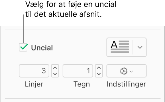 Afkrydsningsfeltet Uncial er valgt, og der vises en lokalmenu til højre for det. Der vises funktioner til indstilling af linjehøjde, antal tegn og andre muligheder under det.