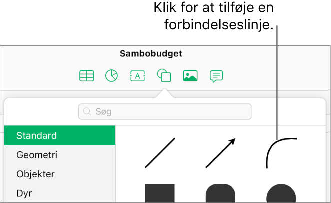 Figurbiblioteket er åbent, Standard er valgt til venstre, og til højre ses et antal streger og figurer, blandt andet en buet streg.