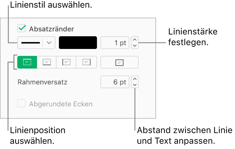 Das Markierungsfeld „Absatzrahmen“ ist im Tab „Layout“ in der Seitenleiste „Format“ aktiviert, und unter dem Markierungsfeld erscheinen Steuerelemente zum Ändern von Linienart,-farbe, -stärke, -position und -versatz.