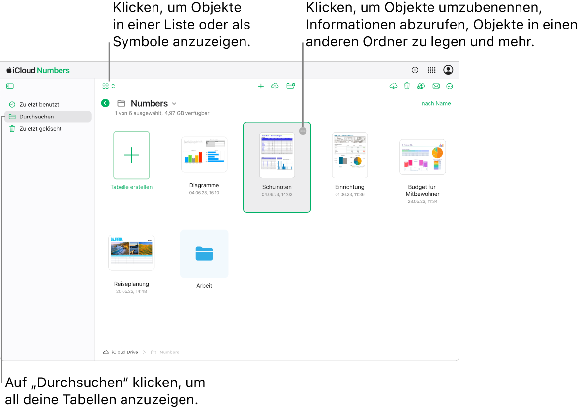 Der Dokumentenmanager in der Darstellung zum Durchsuchen zeigt Numbers-Dokumente als Symbole auf einem Raster an. Die Taste „Mehr“ (drei Punkte) ist in der oberen rechten Ecke der ausgewählten Tabellenkalkulation sichtbar. Über den Tabellenkalkulationen befindet sich auf der linken Seite der Symbolleiste ein Einblendmenü, aus dem du wählen kannst, ob Objekte als Symbole oder in einer Liste angezeigt werden sollen. Auf der rechten Seite der Symbolleiste befinden sich Tasten zum Herunterladen, Zusammenarbeiten, Mailen oder Löschen.