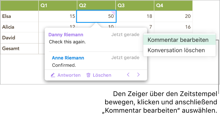 Ein Kommentar ist geöffnet. Der Zeiger steht oben auf dem Zeitstempel und das Einblendmenü zeigt zwei Option an: „Kommentar bearbeiten“ und „Konversation löschen“.