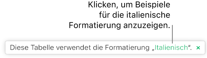 Eine Nachricht, die besagt „Diese Tabelle verwendet die Formatierung: Italienisch“.