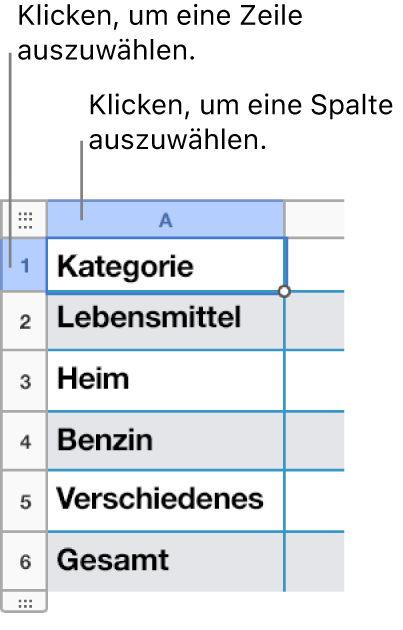 Eine ausgewählte Tabellenzeile mit Coaching-Tipps zur Zeilen- und Spaltenauswahl.