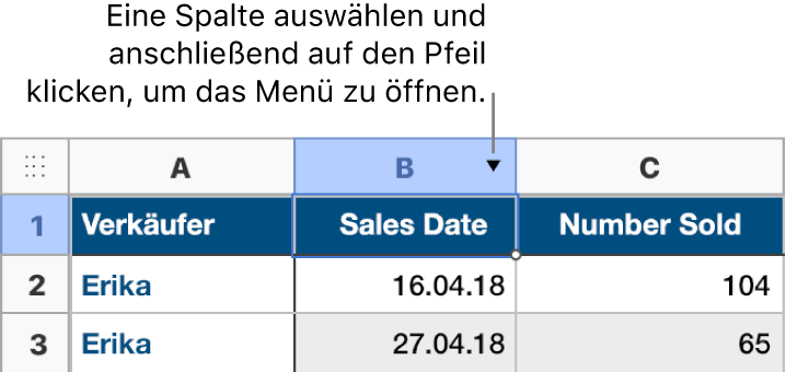 Eine Tabelle mit der zweiten Spalte ausgewählt; ein Pfeil erscheint rechts vom Spaltenbuchstaben „B“.