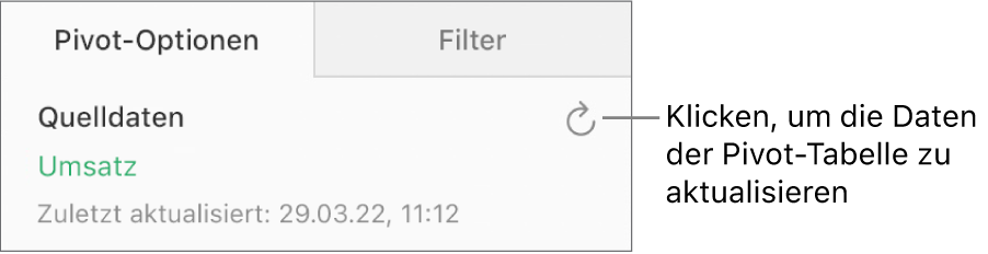 Der Bereich „Pivot-Optionen“ mit der Aktualisierungstaste in der oberen rechten Ecke.