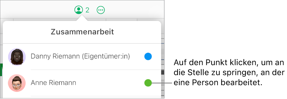 Das Menü „Zusammenarbeit“ ist geöffnet, mit zwei Teilnehmern und einem andersfarbigen Punkt rechts neben jedem Namen.