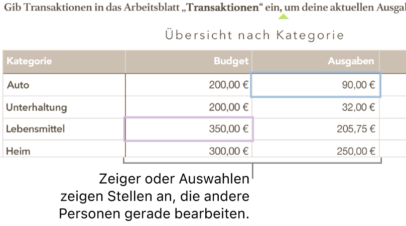 Cursor und Tabellenzellenmarkierungen, die anzeigen, an welchen Stellen andere Personen eine geteilte Tabelle bearbeiten.