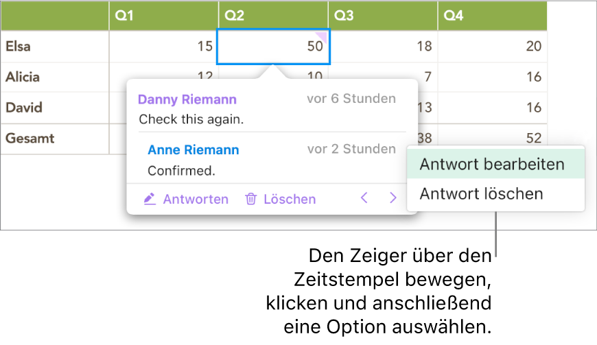 Ein Kommentar mit einer Antwort und dem Mauszeiger auf dem Zeitstempel der Antwort. Ein Einblendmenü zeigt zwei Optionen: „Antwort bearbeiten“ und „Antwort löschen“.