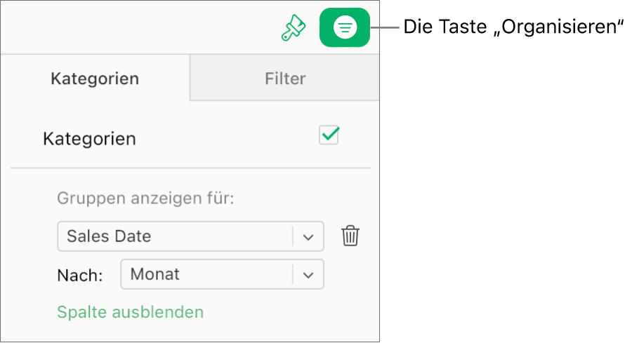 Die Taste „Organisieren“ ist in der Symbolleiste ausgewählt, und die Regeln, die eine Kategorie beschreiben, erscheinen im Tab „Kategorien“ der Seitenleiste „Organisieren“. Die Daten sind derzeitig nach dem Verkaufsdatum organisiert und anschließend nach Monat gruppiert.