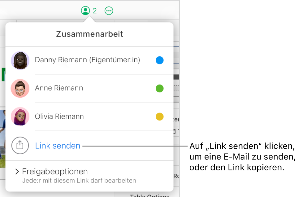 Das Menü „Zusammenarbeit“ ist geöffnet, mit einer Option „Link senden“ unter der Teilnehmerliste.