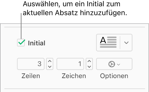 Das Feld „Initial“ ist markiert und rechts davon wird ein Einblendmenü angezeigt; Steuerelemente zur Einstellung der Zeilenhöhe, der Anzahl der Zeichen und weitere Optionen erscheinen darunter.