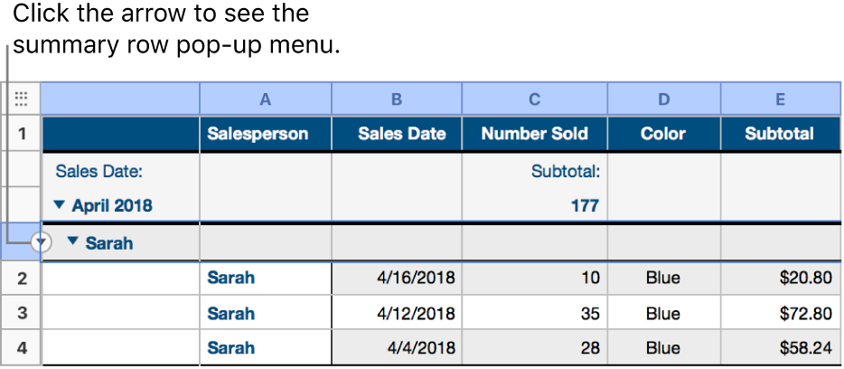 A table with a two-level hierarchy; the row for the lower category is selected and a down arrow appears on its border.