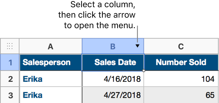 A table with the second column selected; an arrow appears to the right of the column letter B.