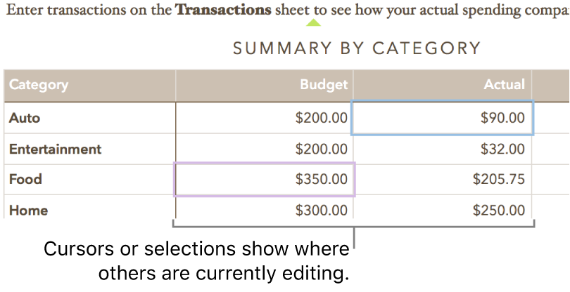 Cursors and table cell selections in different colors showing where other people are editing in a shared spreadsheet.