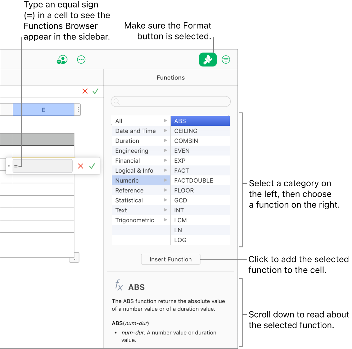 An equal sign appears in a table cell, the Format button is selected in the toolbar, and the Functions Browser appears in the Format sidebar on the right. The absolute value function is selected. A description of the function appears below the list of functions.