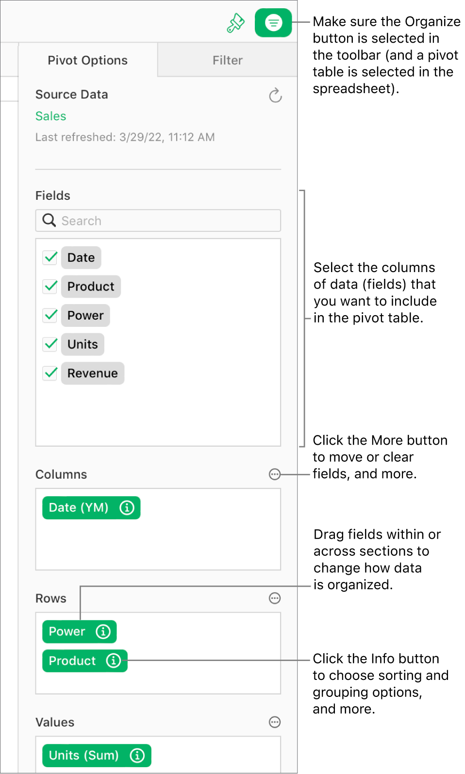 The Pivot Options tab in the Organize sidebar, showing fields in the Columns, Rows, and Values sections, as well as Info and More buttons to edit the fields and refresh the pivot table.