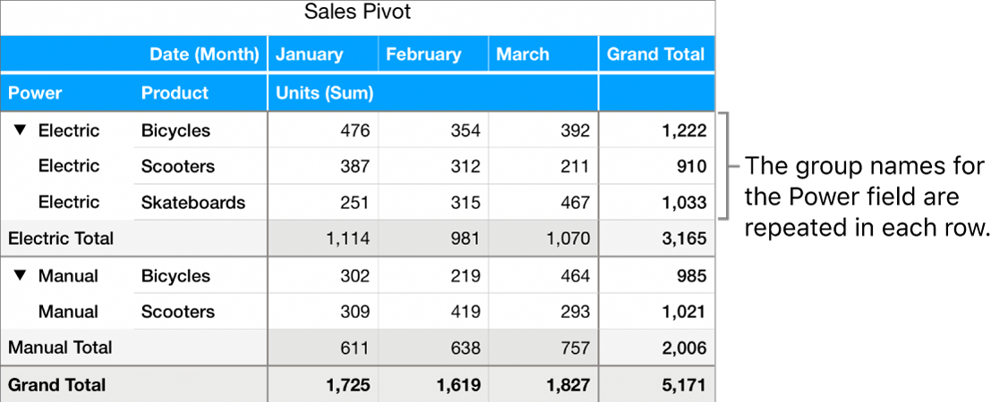 A pivot chart showing Electric and Manual, the group names for the Power field, repeated in each row.