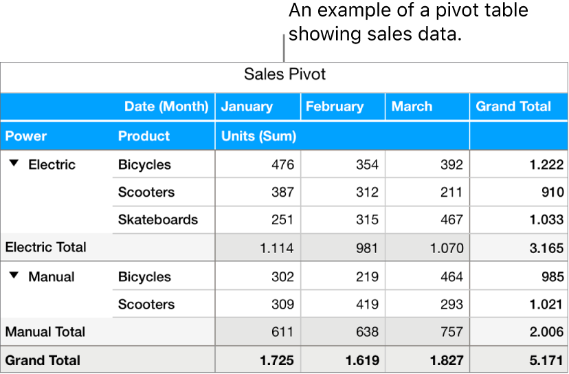 A pivot table showing summarized data for bicycles, scooters, and skateboards, with controls to disclose certain data.