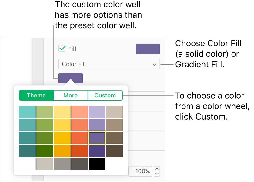 Color Fill is selected in the pop-up menu below the Fill checkbox, and the color well below the pop-up menu shows additional color fill options.