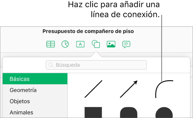 La biblioteca de figuras está abierta, con Básica seleccionado en la izquierda y, a la derecha, se ven unas líneas y figuras, incluyendo una línea curva.