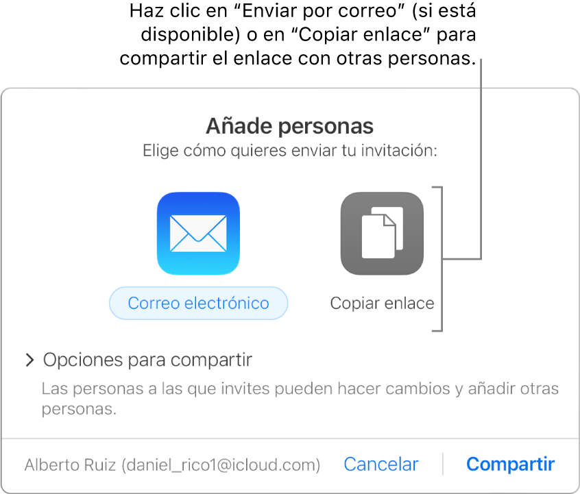 La ventana que se muestra al hacer clic en el botón Colaboración de la barra de herramientas (antes de compartir una hoja de cálculo). Los botones “Correo electrónico” y “Copiar enlace” permiten elegir cómo compartir la hoja de cálculo.