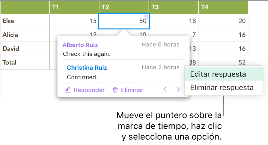 Un comentario con una respuesta, el puntero está sobre la marca de hora para responder. El menú desplegable muestra dos opciones: “Editar respuesta” y “Eliminar respuesta”.
