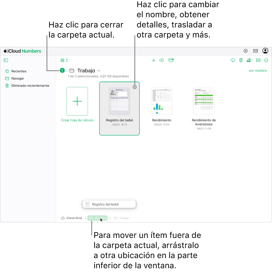 El gestor de documentos en vista de navegación. con una hoja de cálculo que se está arrastrando desde la carpeta actual a una nueva ubicación (la carpeta Numbers) en la parte inferior de la ventana. Debajo de la barra de herramientas, aparece un botón Atrás a la izquierda del nombre de carpeta actual (Work).