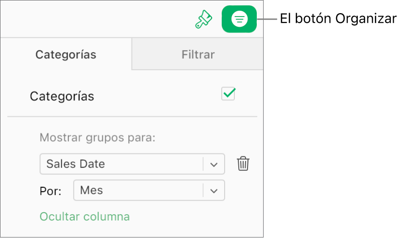 Se selecciona el botón Organizar en la barra de herramientas y las reglas que describen una categoría aparecen en la pestaña Categorías de la barra lateral Organizar. Actualmente los datos están organizados por fecha de venta y, después, agrupados por meses.