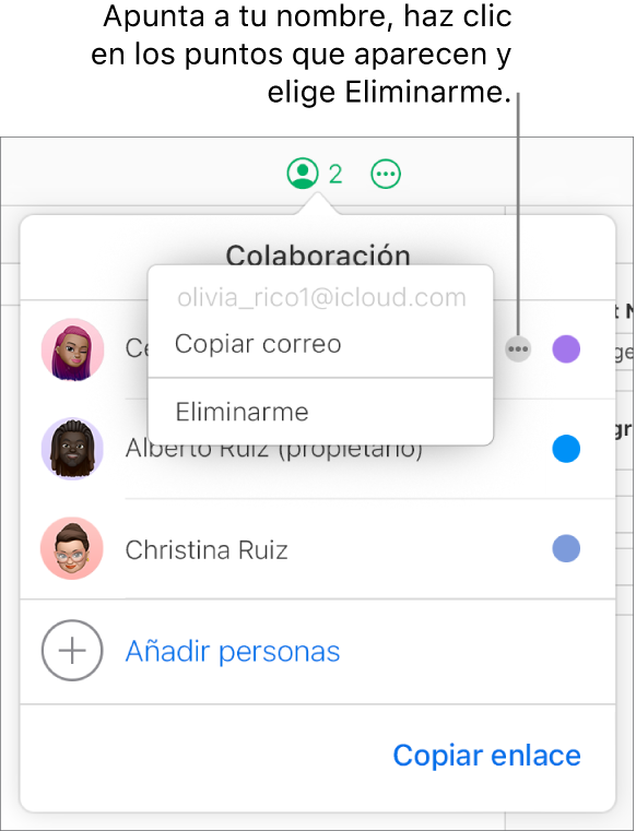 El menú Colaboración abierto, con el botón Más a la derecha del primer participante seleccionado, y la opción Eliminarme disponible.