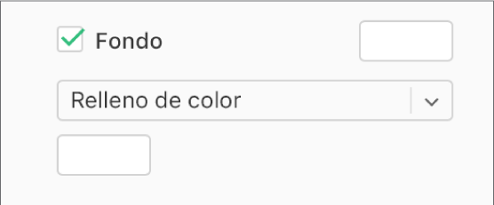 La casilla Fondo está seleccionada en la barra lateral y la paleta de colores predefinidos de la derecha muestra el color blanco. Debajo de la casilla, Relleno de color está seleccionado en un menú desplegable y, debajo, la paleta de colores personalizados muestra el color blanco.