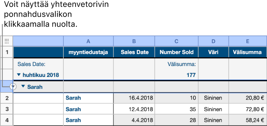 Taulukko kaksitasoisella hierarkialla; alemman kategorian rivi on valittuna ja sen reunalla näkyy alaspäin osoittava nuoli.
