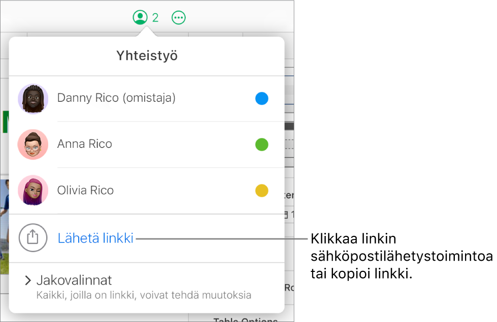 Yhteistyövalikko avoinna, osallistujaluettelon alla on Lähetä linkki -valinta.