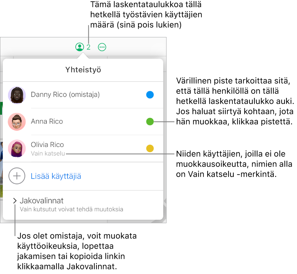 Yhteistyö-valikko on avoinna, siinä on kolmen osallistujan luettelo (yhden käyttöoikeus on Vain katselu), Lisää henkilöitä -valinta ja Jakovalinnat-osio, jossa omistajat voivat muuttaa käyttöoikeuksia.