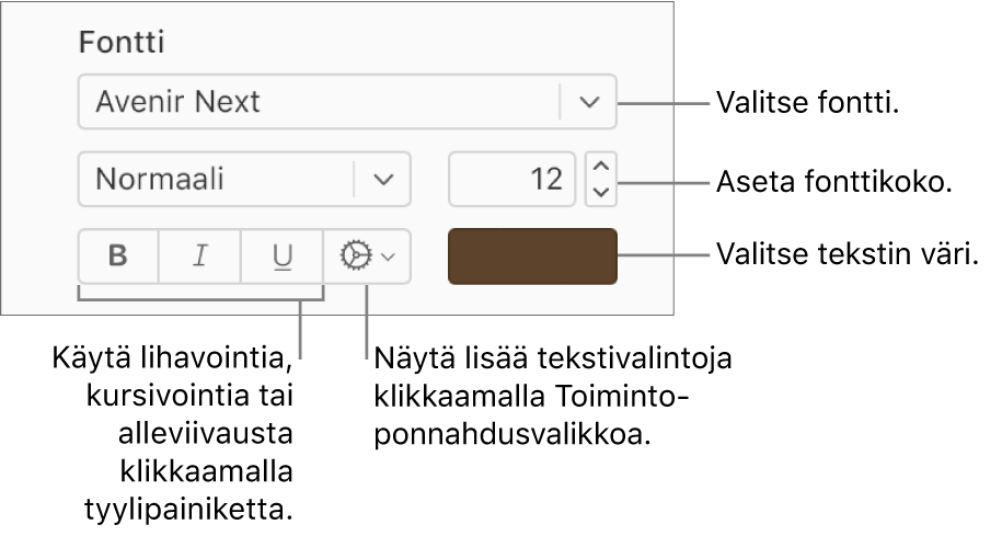 Kuvassa näkyvät Muoto-sivupalkin fontin ja tekstin tyylin toiminnot.