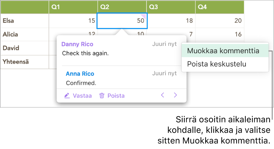 Kommentti on auki, hiiren osoitin on yläreunan aikaleiman kohdalla ja ponnahdusvalikossa näkyy kaksi kommenttia: Muokkaa kommenttia ja Poista keskustelu.