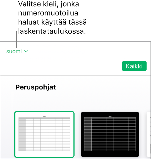 Työpohjan valitsimen vasemmassa yläkulmassa oleva ponnahdusvalikko, jossa on valittu kieleksi englanti (Yhdysvallat).